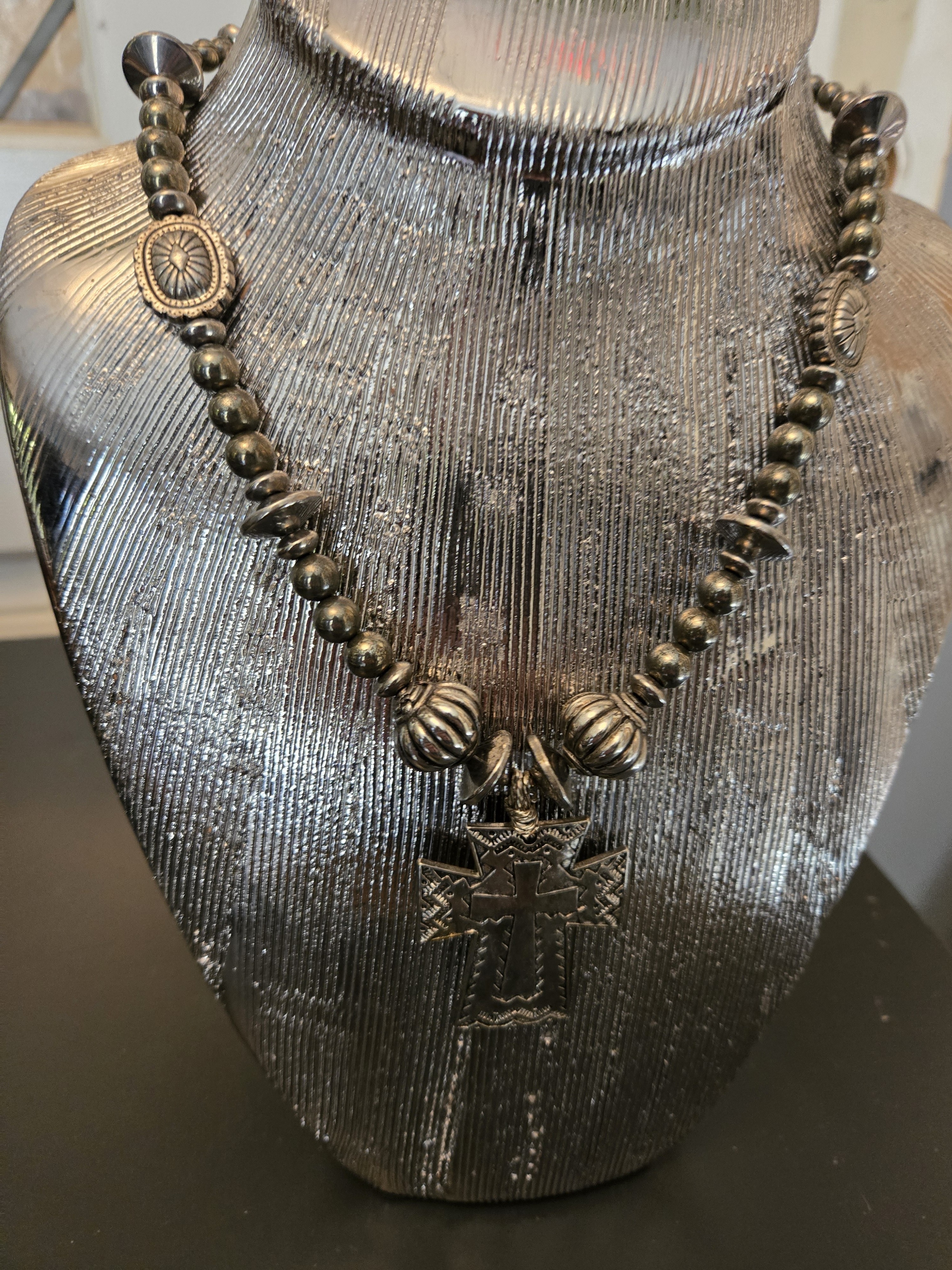 Antique-Style Silver Cross Beaded Necklace